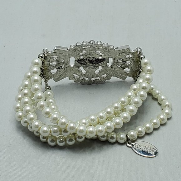 ALI KHAN bridal vintage look 5 row clear rhinestone crystal & white pear… - Picture 3 of 6